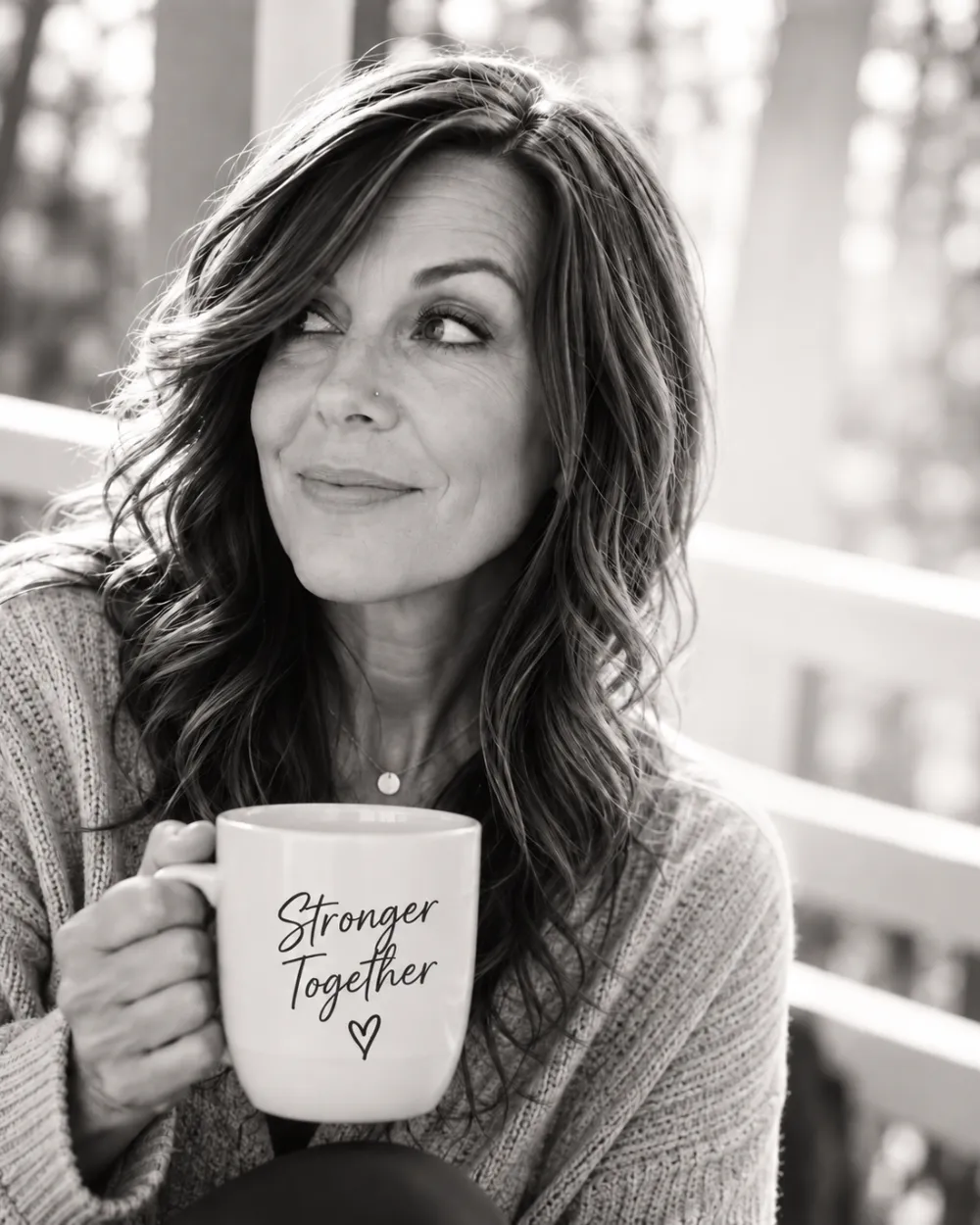 Lisa Miller, certified grief coach, smiling on a porch and holding a mug that reads Stronger Together